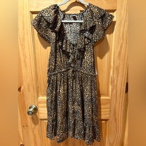 Old Navy Waist Defined Ruffle Trim Mini Dress Leopard print women’s Large NWT